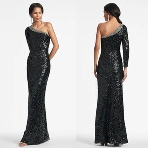 SACHIN & BABI Dress Size 6 Sequined Black & Silver One Shoulder Column Gown New